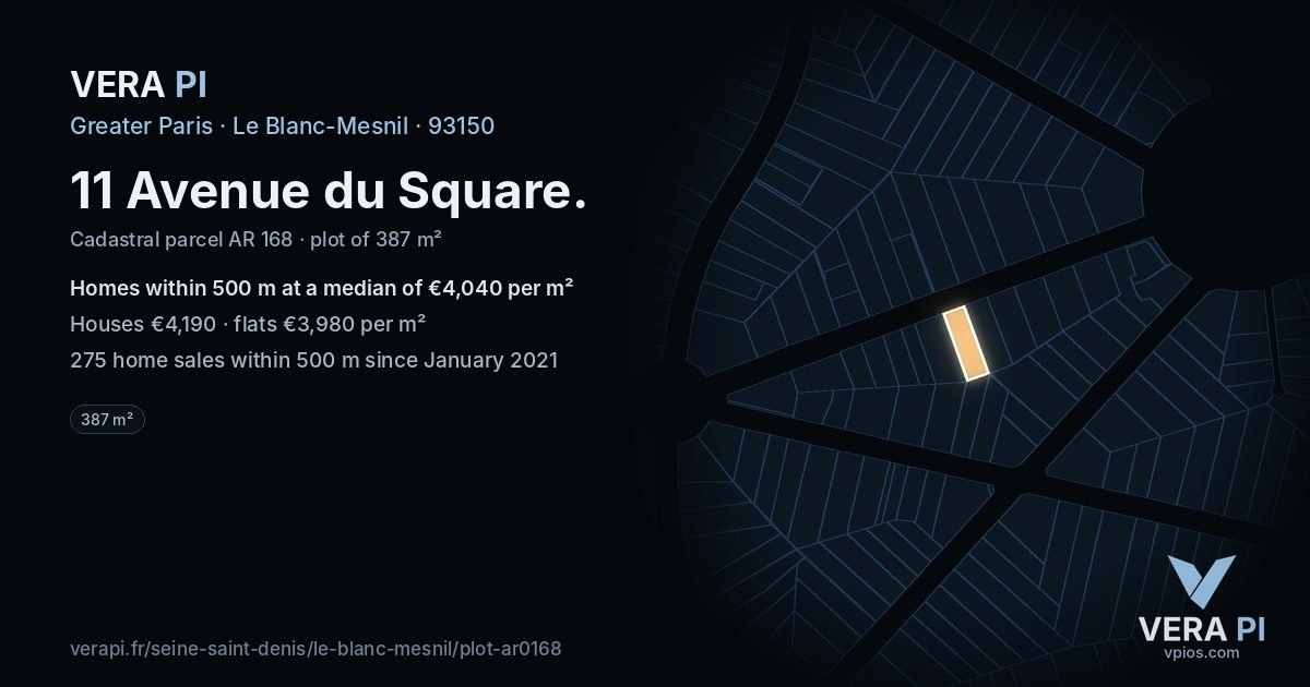 11 Avenue du Square, Le Blanc-Mesnil at night – the plot lit, the parcels around coloured by the prices near them