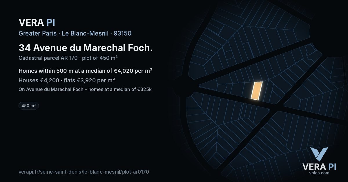 34 Avenue du Marechal Foch, Le Blanc-Mesnil at night – the plot lit, the parcels around coloured by the prices near them
