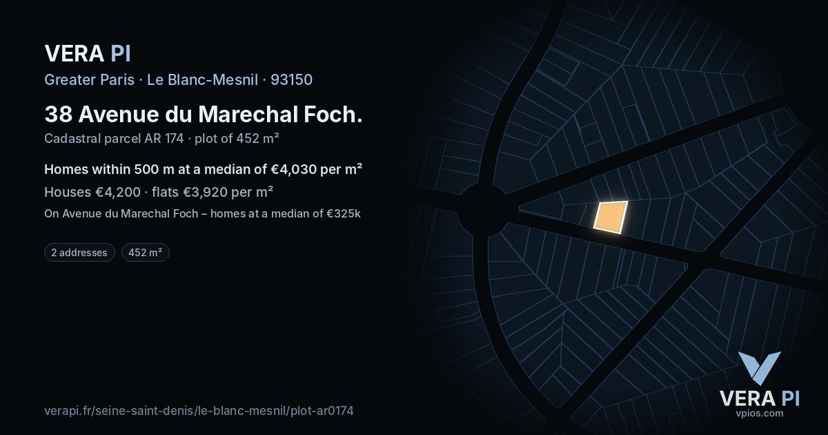 38 Avenue du Marechal Foch, Le Blanc-Mesnil at night – the plot lit, the parcels around coloured by the prices near them