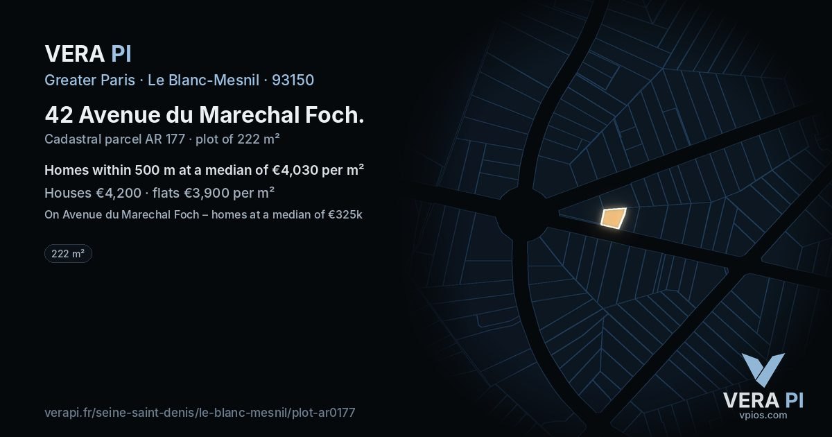 42 Avenue du Marechal Foch, Le Blanc-Mesnil at night – the plot lit, the parcels around coloured by the prices near them