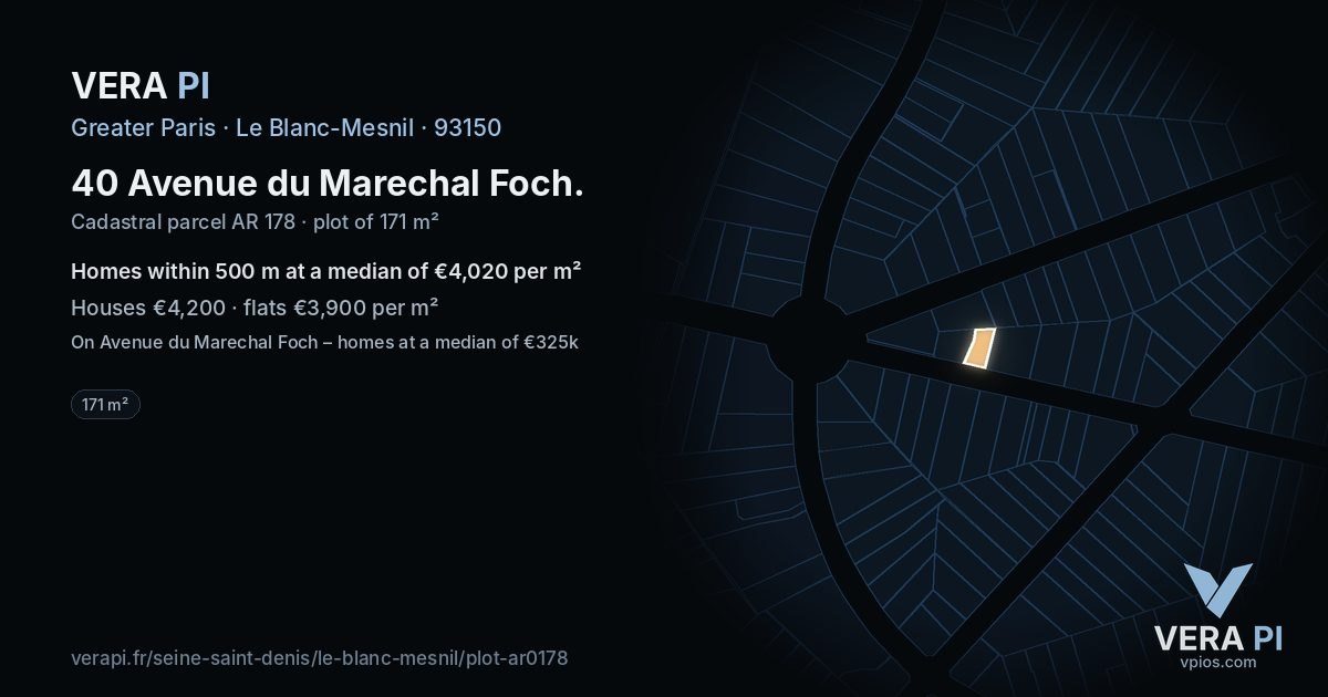 40 Avenue du Marechal Foch, Le Blanc-Mesnil at night – the plot lit, the parcels around coloured by the prices near them
