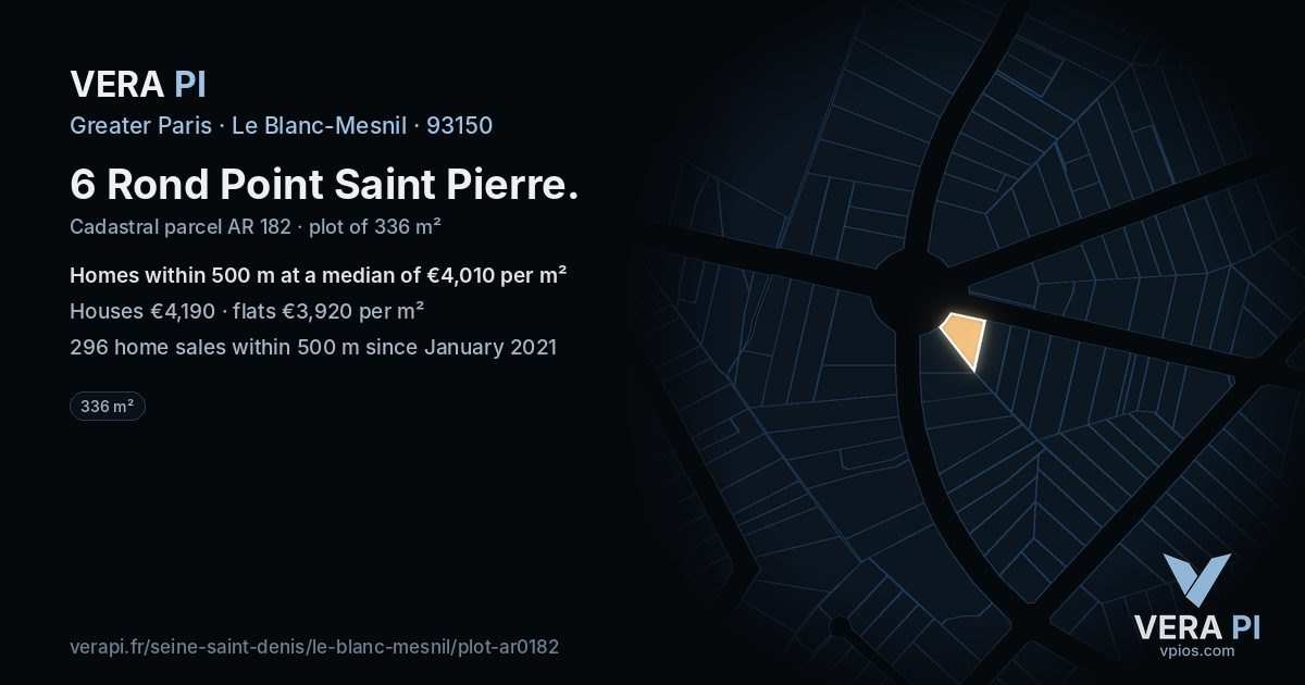 6 Rond Point Saint Pierre, Le Blanc-Mesnil at night – the plot lit, the parcels around coloured by the prices near them