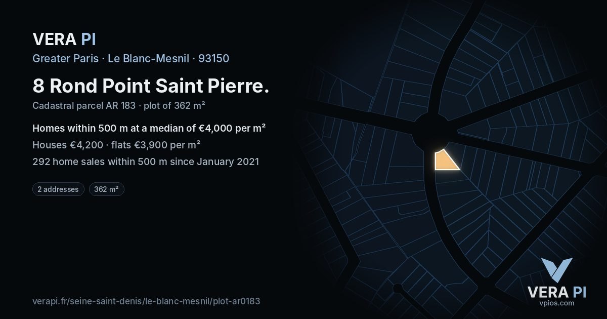 8 Rond Point Saint Pierre, Le Blanc-Mesnil at night – the plot lit, the parcels around coloured by the prices near them