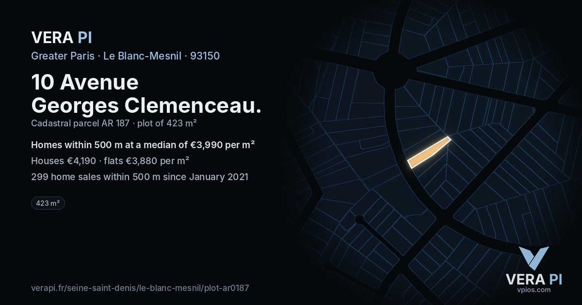 10 Avenue Georges Clemenceau, Le Blanc-Mesnil at night – the plot lit, the parcels around coloured by the prices near them
