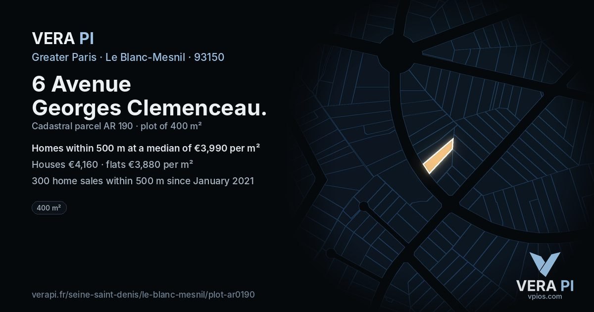 6 Avenue Georges Clemenceau, Le Blanc-Mesnil at night – the plot lit, the parcels around coloured by the prices near them