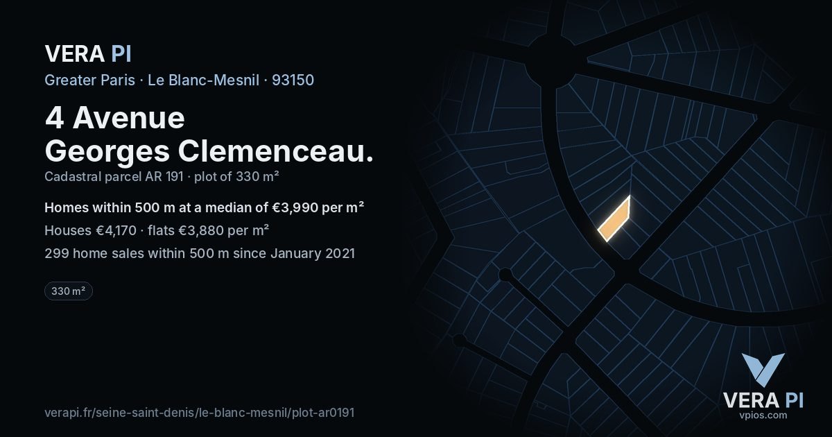 4 Avenue Georges Clemenceau, Le Blanc-Mesnil at night – the plot lit, the parcels around coloured by the prices near them