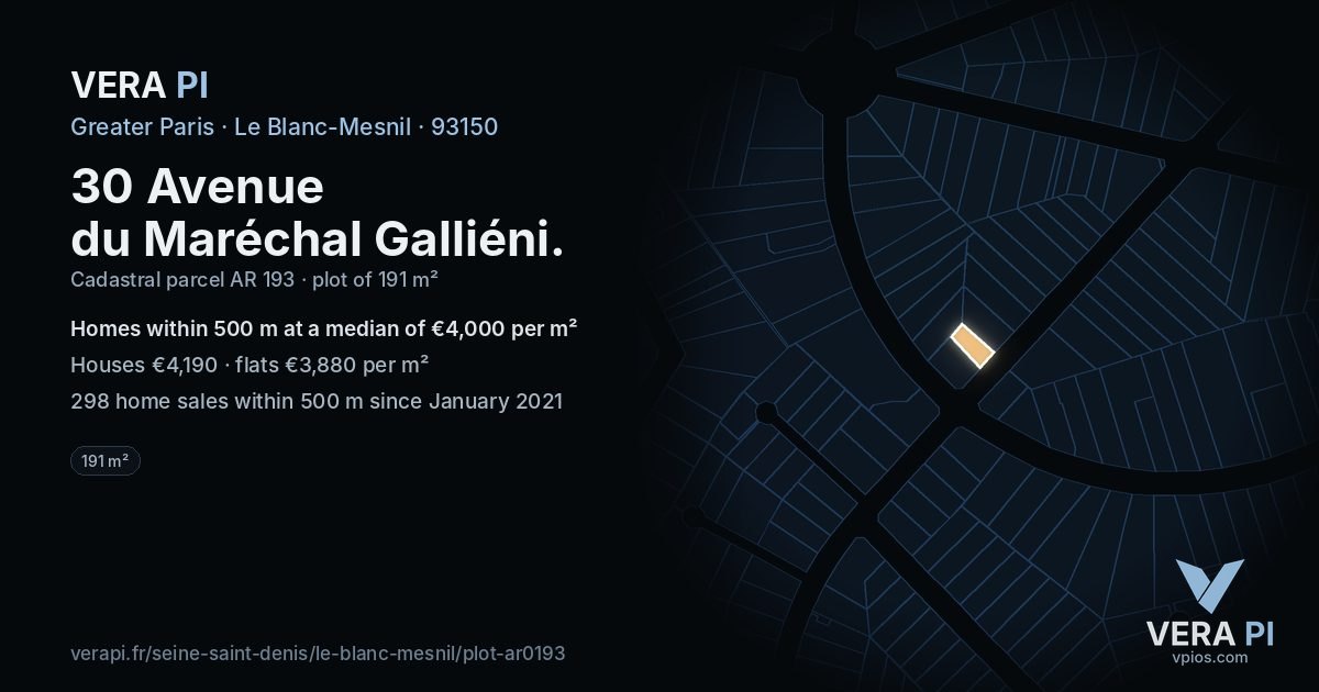 30 Avenue du Maréchal Galliéni, Le Blanc-Mesnil at night – the plot lit, the parcels around coloured by the prices near them