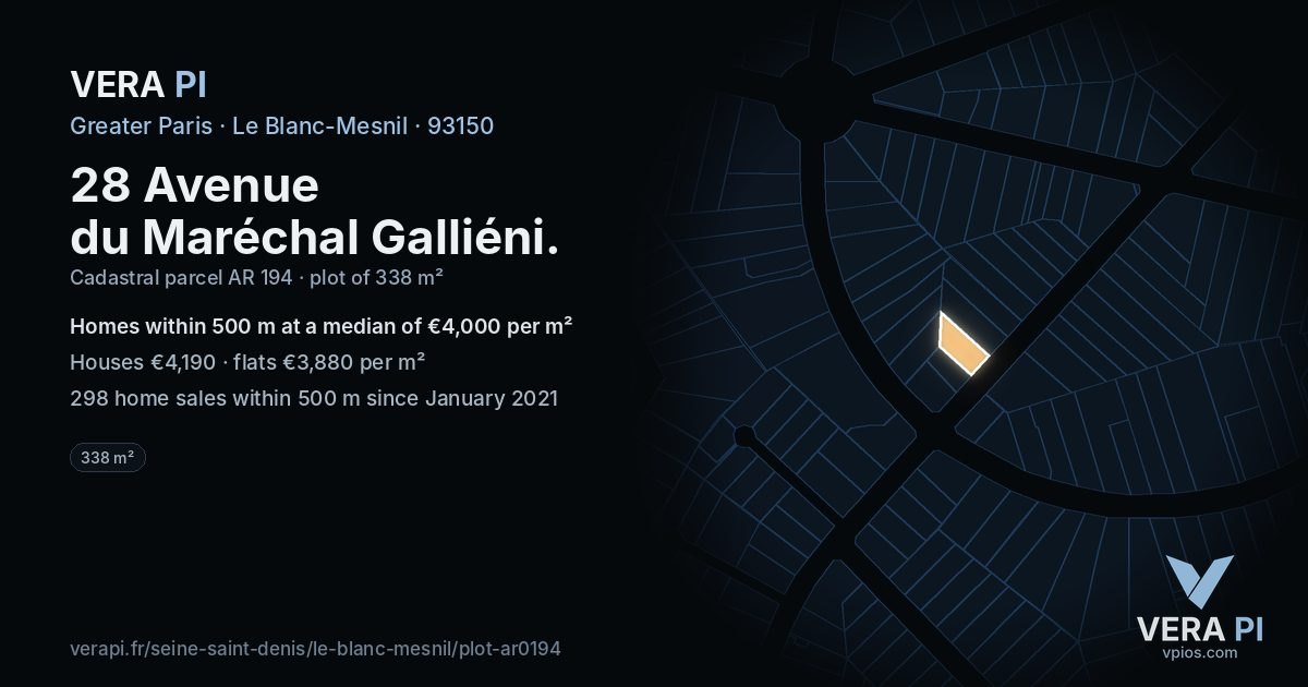 28 Avenue du Maréchal Galliéni, Le Blanc-Mesnil at night – the plot lit, the parcels around coloured by the prices near them