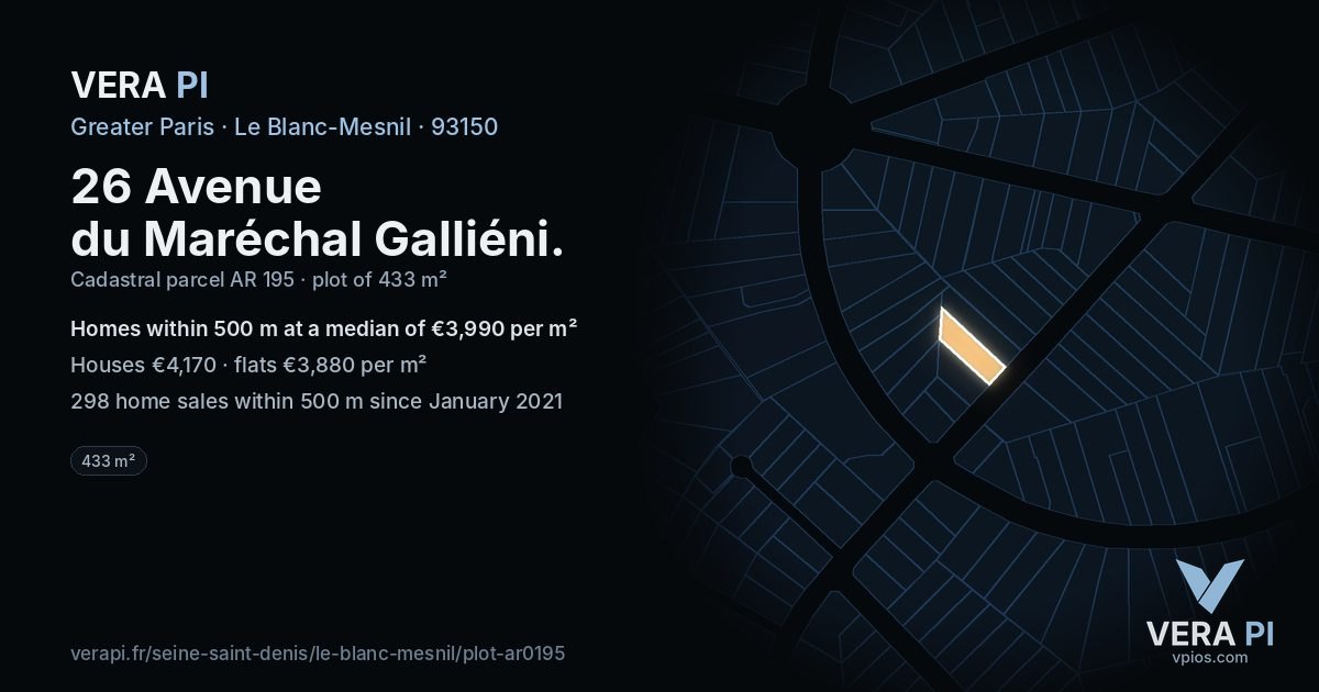 26 Avenue du Maréchal Galliéni, Le Blanc-Mesnil at night – the plot lit, the parcels around coloured by the prices near them