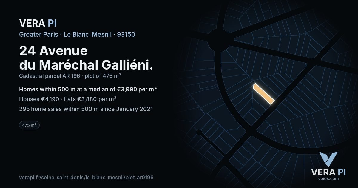 24 Avenue du Maréchal Galliéni, Le Blanc-Mesnil at night – the plot lit, the parcels around coloured by the prices near them