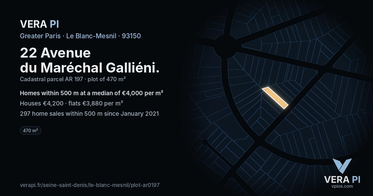 22 Avenue du Maréchal Galliéni, Le Blanc-Mesnil at night – the plot lit, the parcels around coloured by the prices near them
