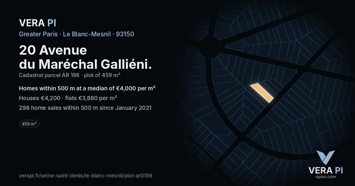 20 Avenue du Maréchal Galliéni, Le Blanc-Mesnil at night – the plot lit, the parcels around coloured by the prices near them