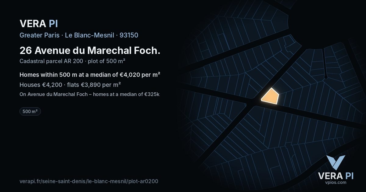 26 Avenue du Marechal Foch, Le Blanc-Mesnil at night – the plot lit, the parcels around coloured by the prices near them
