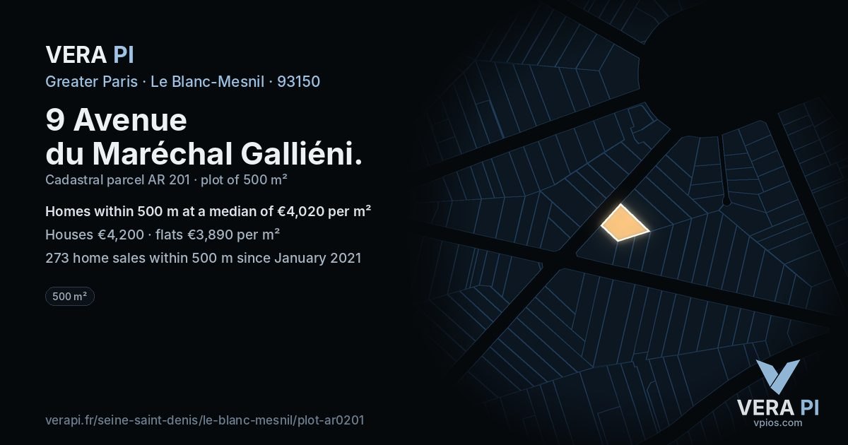 9 Avenue du Maréchal Galliéni, Le Blanc-Mesnil at night – the plot lit, the parcels around coloured by the prices near them