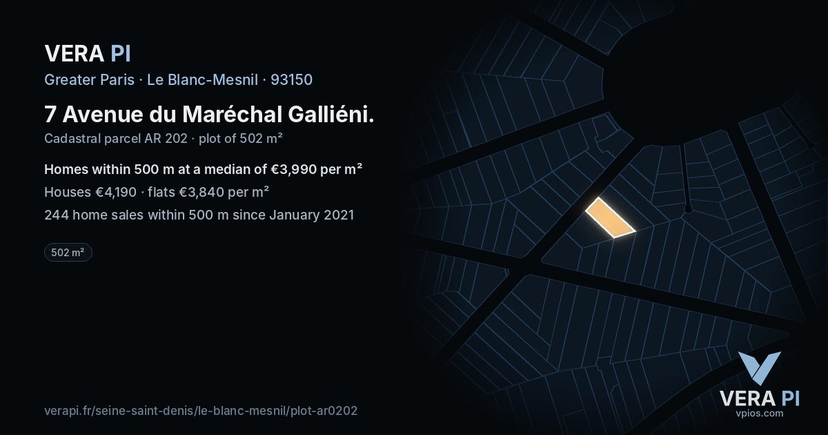 7 Avenue du Maréchal Galliéni, Le Blanc-Mesnil at night – the plot lit, the parcels around coloured by the prices near them