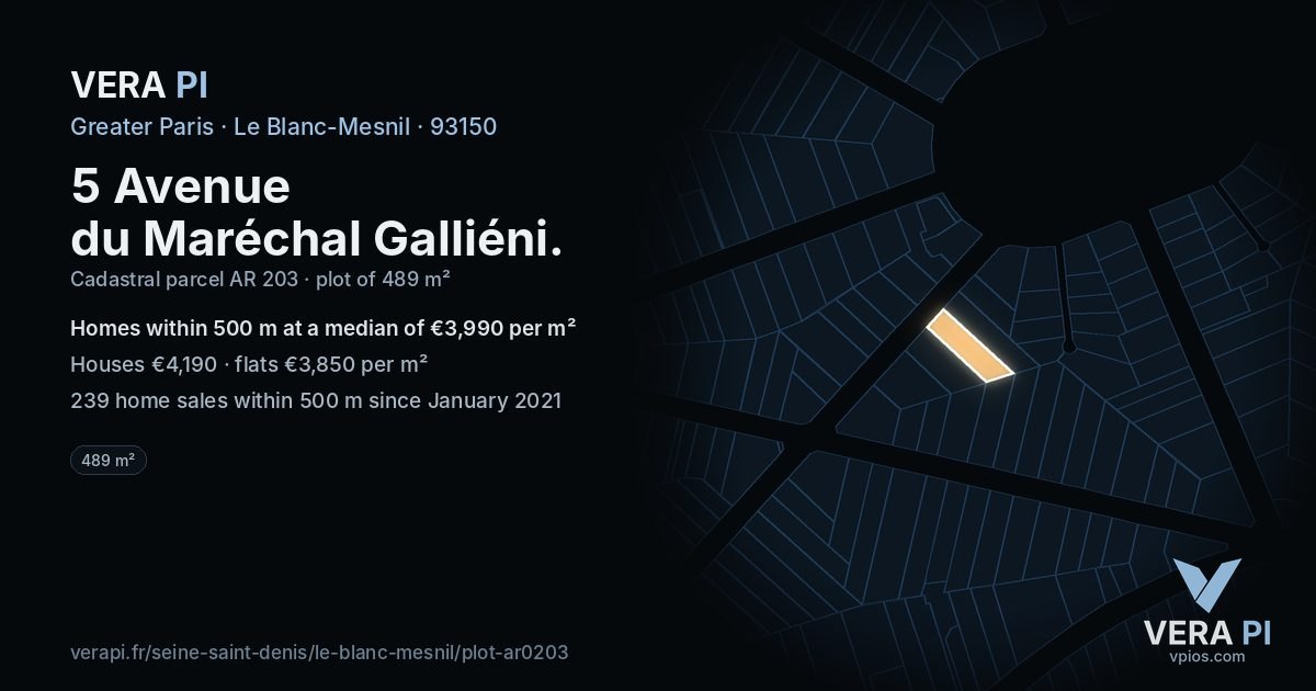 5 Avenue du Maréchal Galliéni, Le Blanc-Mesnil at night – the plot lit, the parcels around coloured by the prices near them