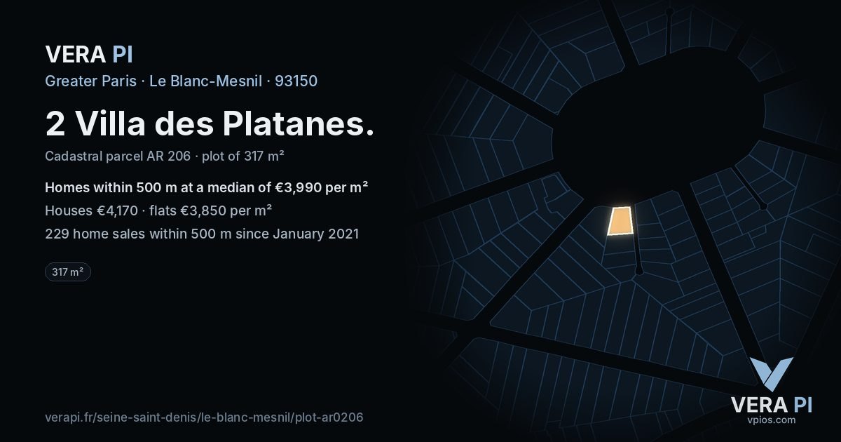 2 Villa des Platanes, Le Blanc-Mesnil at night – the plot lit, the parcels around coloured by the prices near them