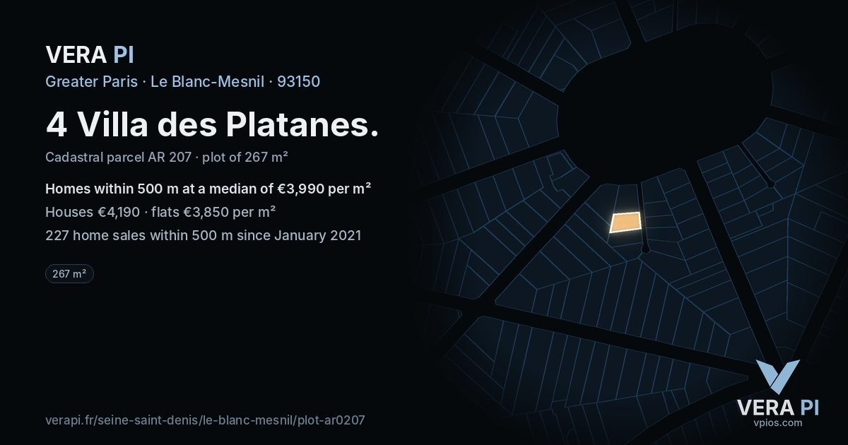4 Villa des Platanes, Le Blanc-Mesnil at night – the plot lit, the parcels around coloured by the prices near them