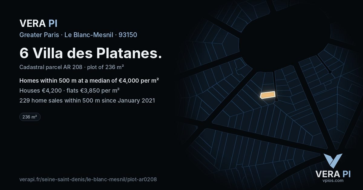 6 Villa des Platanes, Le Blanc-Mesnil at night – the plot lit, the parcels around coloured by the prices near them