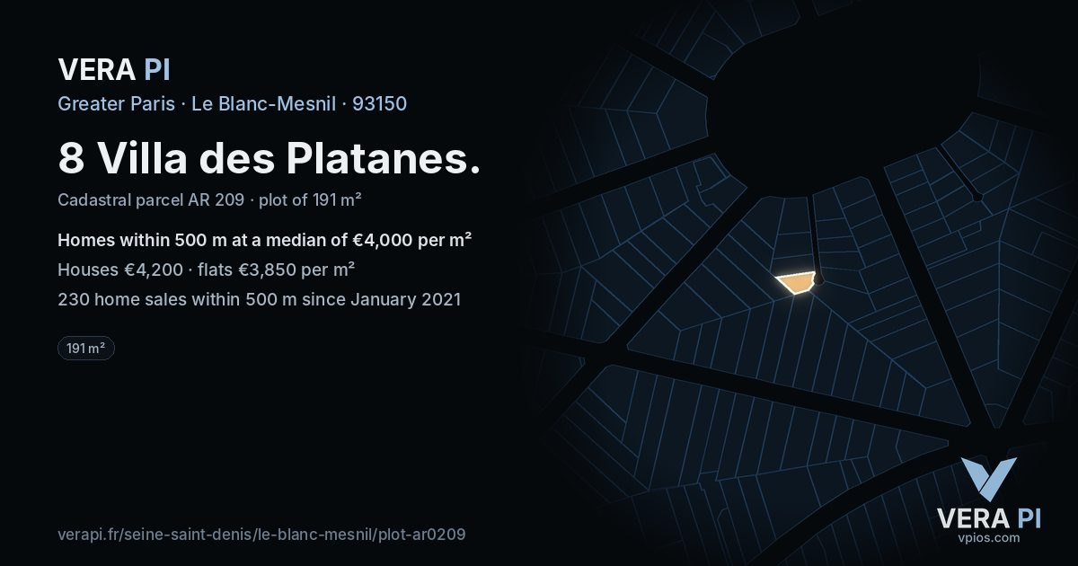 8 Villa des Platanes, Le Blanc-Mesnil at night – the plot lit, the parcels around coloured by the prices near them