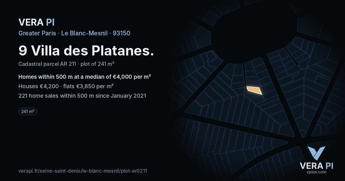 9 Villa des Platanes, Le Blanc-Mesnil at night – the plot lit, the parcels around coloured by the prices near them
