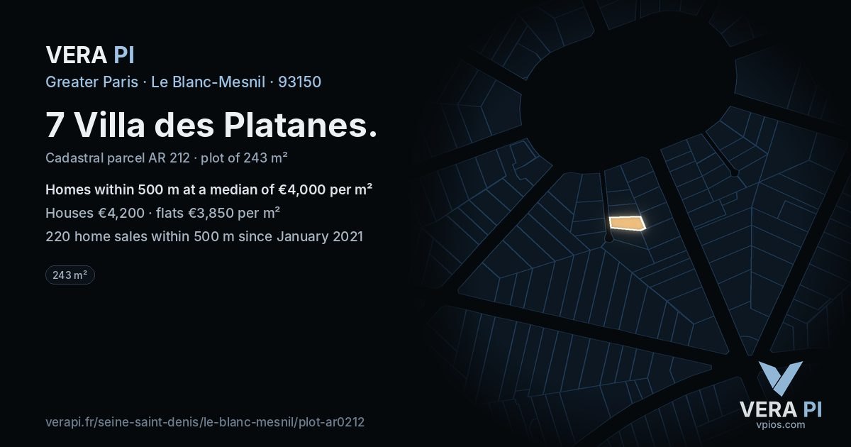 7 Villa des Platanes, Le Blanc-Mesnil at night – the plot lit, the parcels around coloured by the prices near them