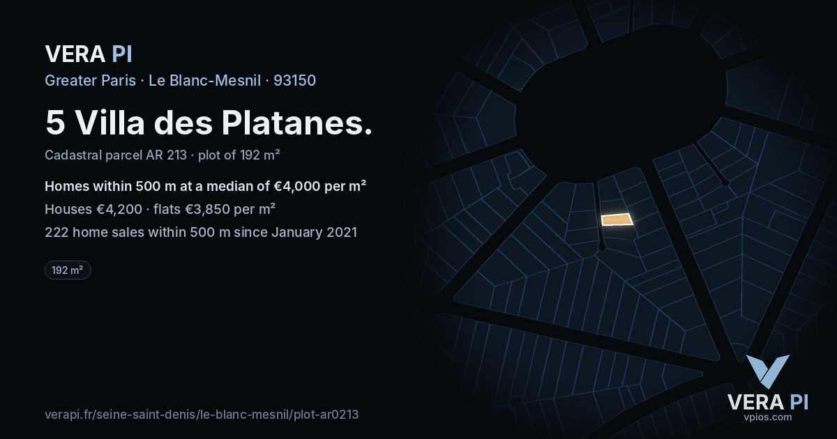 5 Villa des Platanes, Le Blanc-Mesnil at night – the plot lit, the parcels around coloured by the prices near them