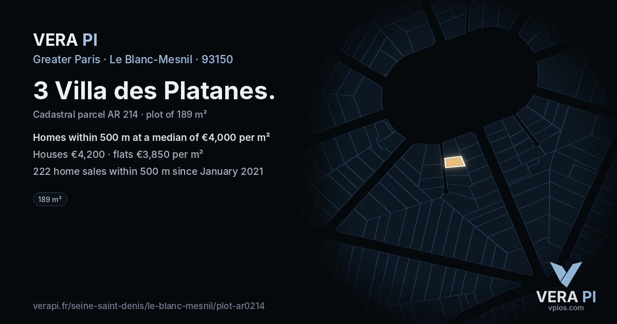3 Villa des Platanes, Le Blanc-Mesnil at night – the plot lit, the parcels around coloured by the prices near them