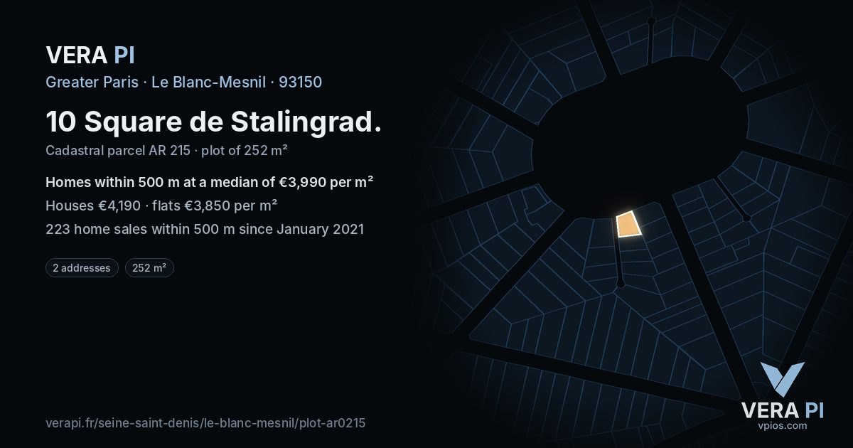 10 Square de Stalingrad, Le Blanc-Mesnil at night – the plot lit, the parcels around coloured by the prices near them