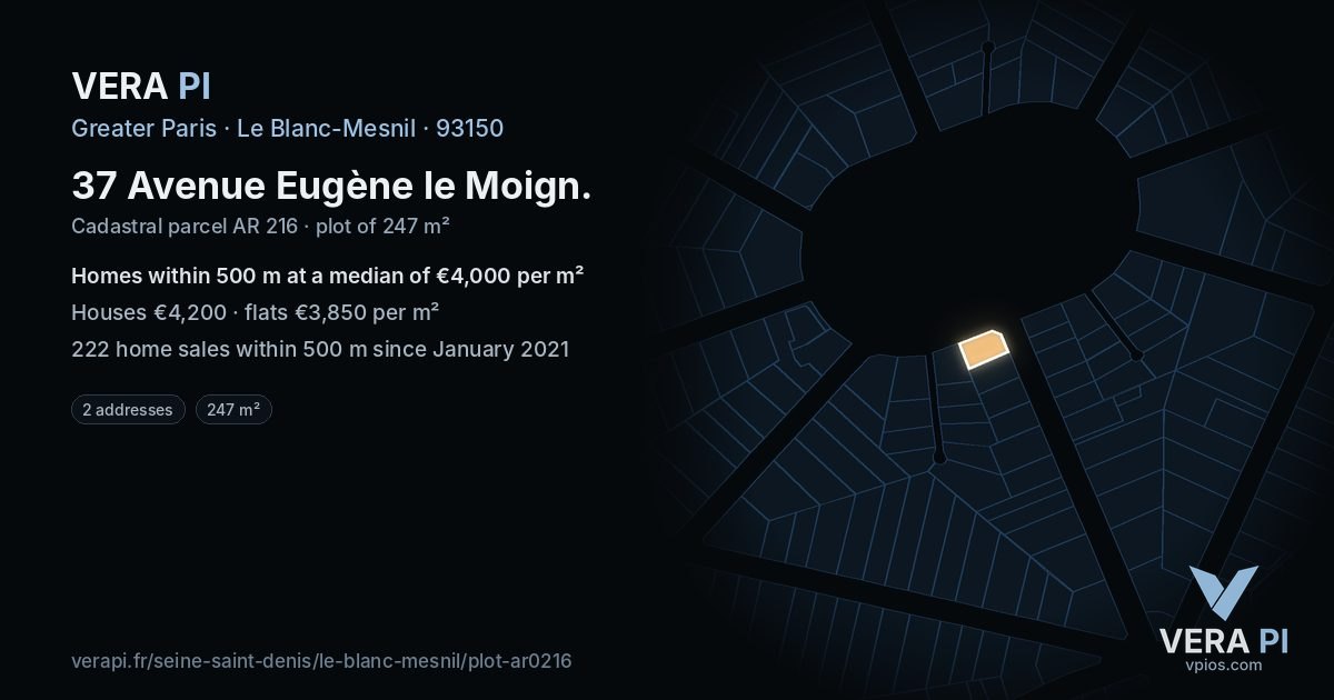 37 Avenue Eugène le Moign, Le Blanc-Mesnil at night – the plot lit, the parcels around coloured by the prices near them