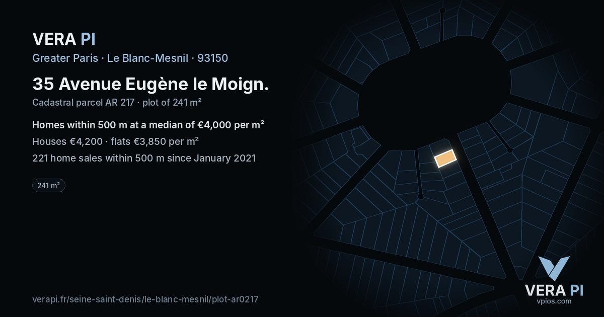 35 Avenue Eugène le Moign, Le Blanc-Mesnil at night – the plot lit, the parcels around coloured by the prices near them