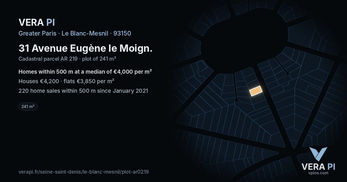 31 Avenue Eugène le Moign, Le Blanc-Mesnil at night – the plot lit, the parcels around coloured by the prices near them