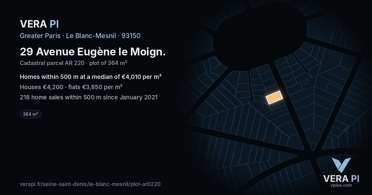 29 Avenue Eugène le Moign, Le Blanc-Mesnil at night – the plot lit, the parcels around coloured by the prices near them