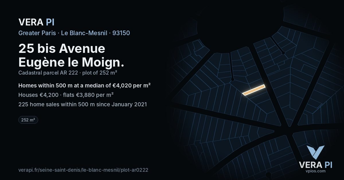 25 bis Avenue Eugène le Moign, Le Blanc-Mesnil at night – the plot lit, the parcels around coloured by the prices near them