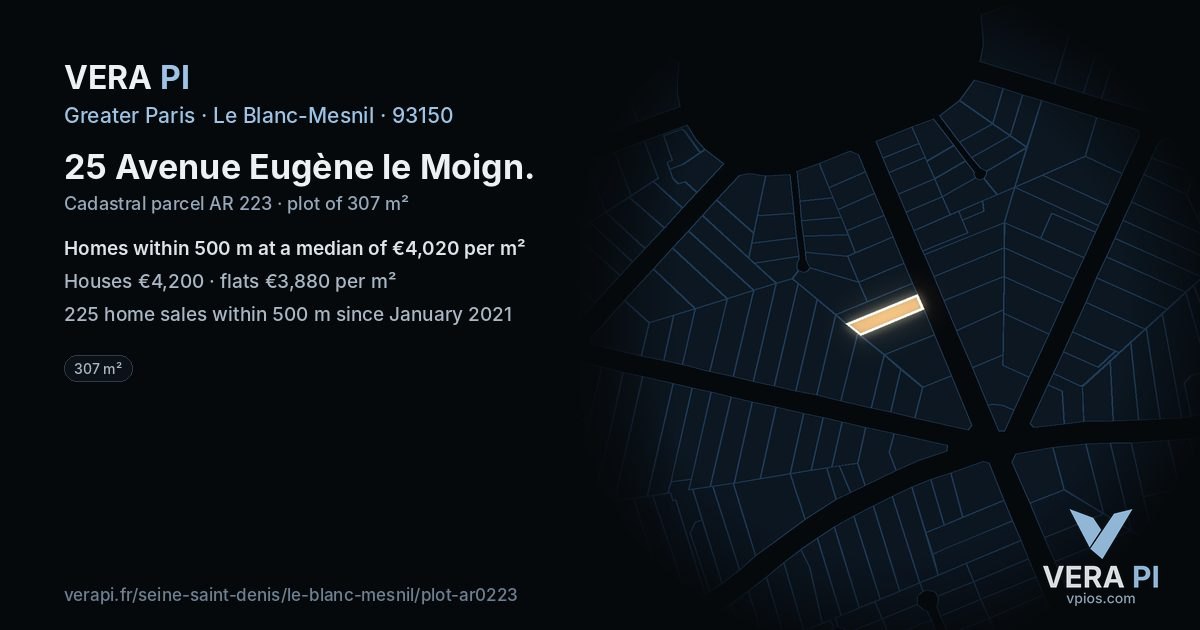 25 Avenue Eugène le Moign, Le Blanc-Mesnil at night – the plot lit, the parcels around coloured by the prices near them