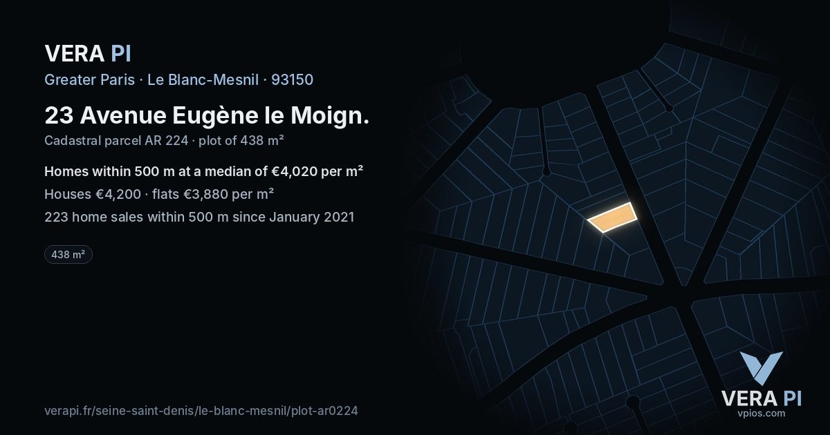 23 Avenue Eugène le Moign, Le Blanc-Mesnil at night – the plot lit, the parcels around coloured by the prices near them