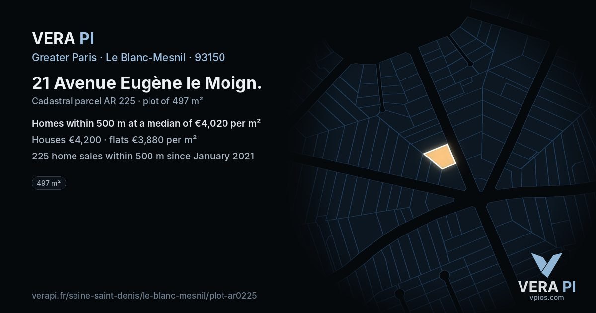 21 Avenue Eugène le Moign, Le Blanc-Mesnil at night – the plot lit, the parcels around coloured by the prices near them