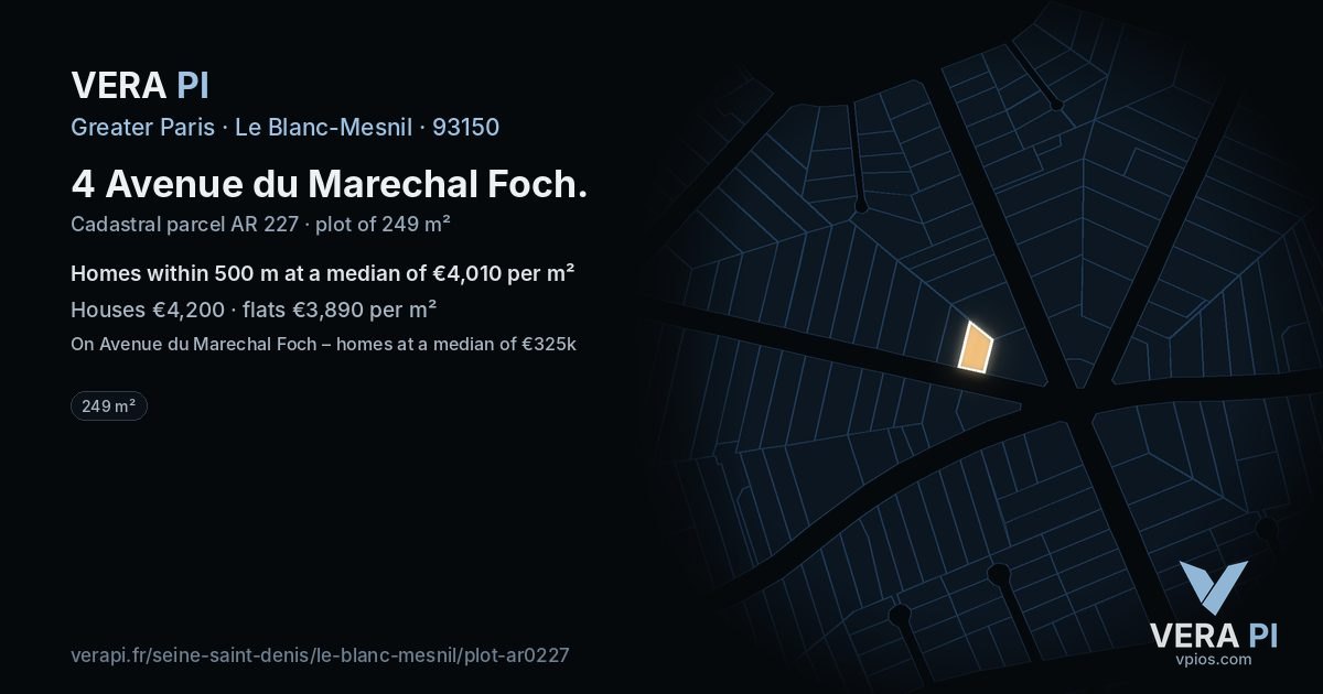4 Avenue du Marechal Foch, Le Blanc-Mesnil at night – the plot lit, the parcels around coloured by the prices near them