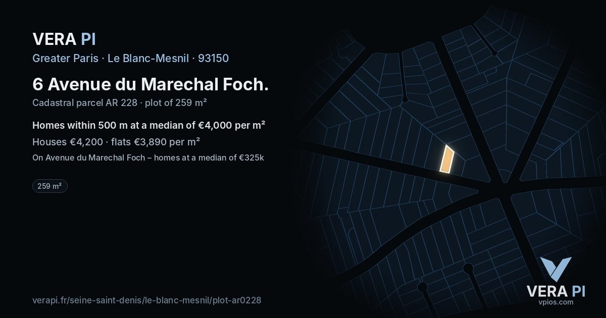 6 Avenue du Marechal Foch, Le Blanc-Mesnil at night – the plot lit, the parcels around coloured by the prices near them