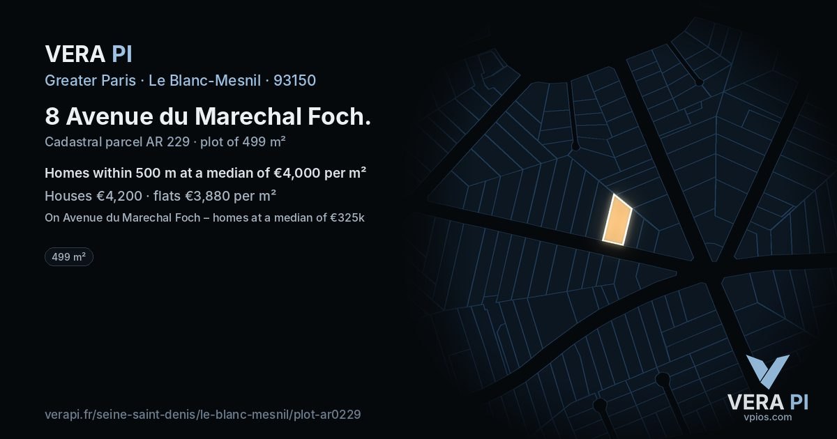 8 Avenue du Marechal Foch, Le Blanc-Mesnil at night – the plot lit, the parcels around coloured by the prices near them