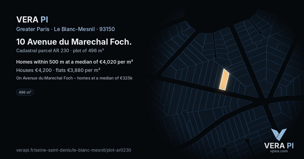 10 Avenue du Marechal Foch, Le Blanc-Mesnil at night – the plot lit, the parcels around coloured by the prices near them
