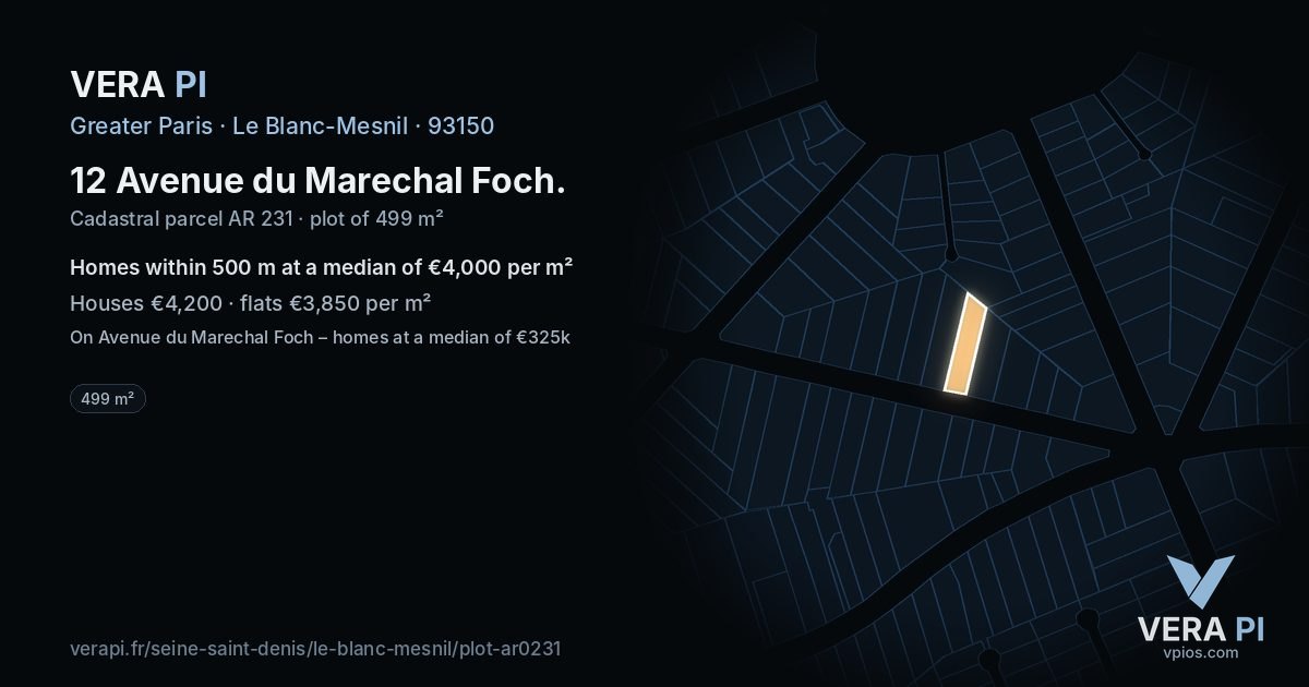 12 Avenue du Marechal Foch, Le Blanc-Mesnil at night – the plot lit, the parcels around coloured by the prices near them