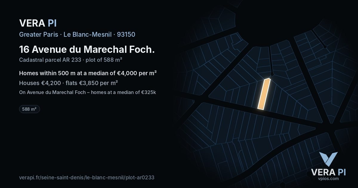 16 Avenue du Marechal Foch, Le Blanc-Mesnil at night – the plot lit, the parcels around coloured by the prices near them
