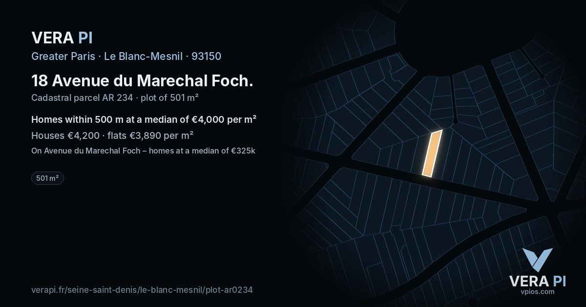 18 Avenue du Marechal Foch, Le Blanc-Mesnil at night – the plot lit, the parcels around coloured by the prices near them