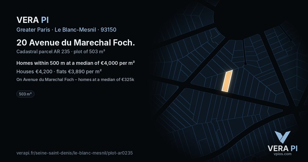 20 Avenue du Marechal Foch, Le Blanc-Mesnil at night – the plot lit, the parcels around coloured by the prices near them
