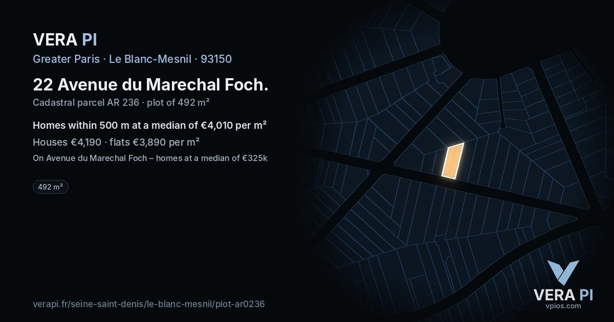 22 Avenue du Marechal Foch, Le Blanc-Mesnil at night – the plot lit, the parcels around coloured by the prices near them