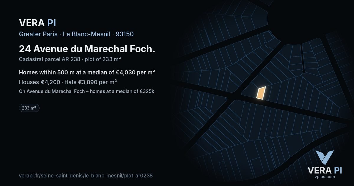 24 Avenue du Marechal Foch, Le Blanc-Mesnil at night – the plot lit, the parcels around coloured by the prices near them