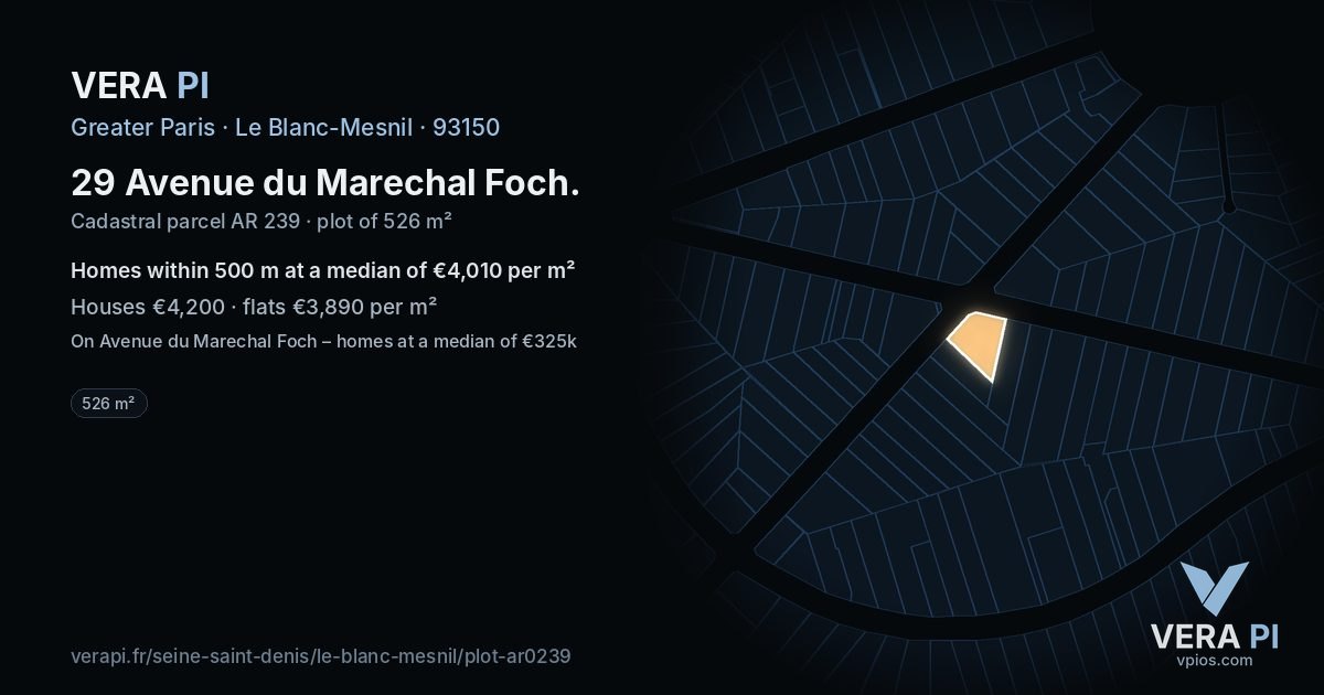 29 Avenue du Marechal Foch, Le Blanc-Mesnil at night – the plot lit, the parcels around coloured by the prices near them