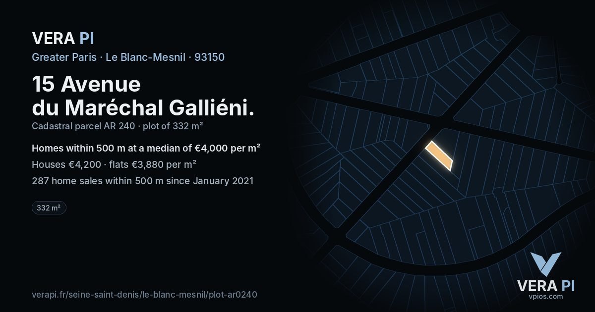 15 Avenue du Maréchal Galliéni, Le Blanc-Mesnil at night – the plot lit, the parcels around coloured by the prices near them