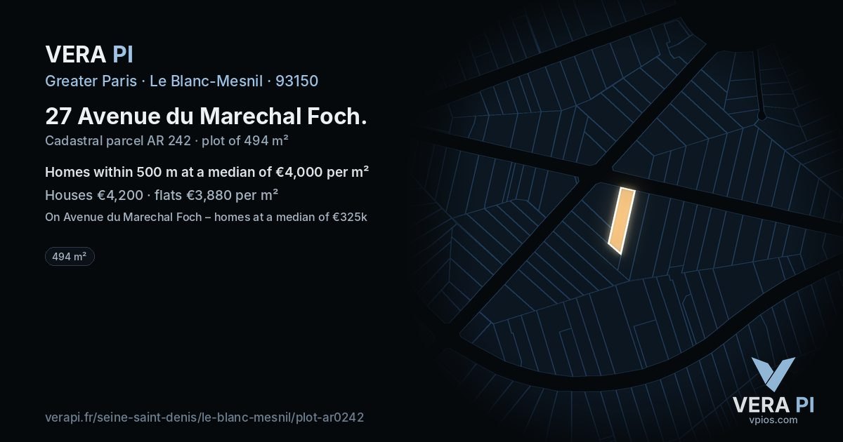 27 Avenue du Marechal Foch, Le Blanc-Mesnil at night – the plot lit, the parcels around coloured by the prices near them